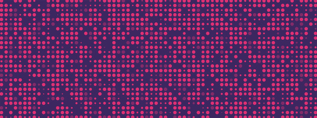 Poster - Pink and purple halftone polka dot gradient background. Doteed pixel texture overlay. Pop Art style backdrop. Cartoon or futuristic moving particle vector points.