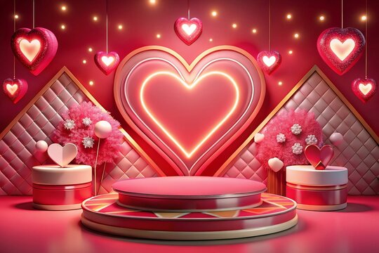 Valentine's Day with Podium and Heart of 3D for pink love background