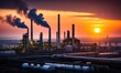 © PlatypusMi86 - Industrial skyline at sunset: energy and oil refinery with dramatic smokestacks silhouette