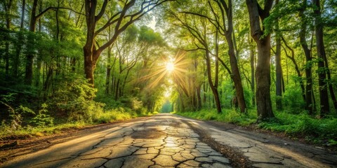 Poster - A sunlit path through a lush forest, the rays of dawn illuminating the cracked asphalt road, creating a sense of serenity and anticipation for the journey ahead