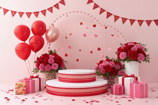 Valentine's Day with Podium and Heart of 3D for pink love background