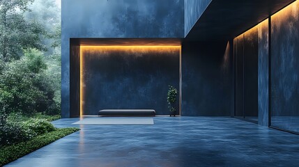 Fototapete - Dark home interior minimal furniture and an empty wall mockup captured from a low angle highlighting the spaciousness and depth of the room creating an intimate atmosphere in this 3D render