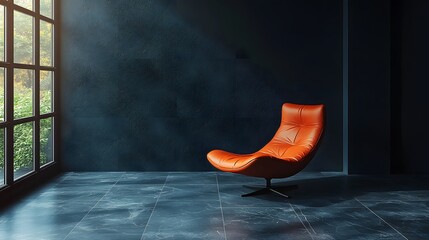 Fototapete - Dark home interior minimal furniture and an empty wall mockup captured from a low angle highlighting the spaciousness and depth of the room creating an intimate atmosphere in this 3D render