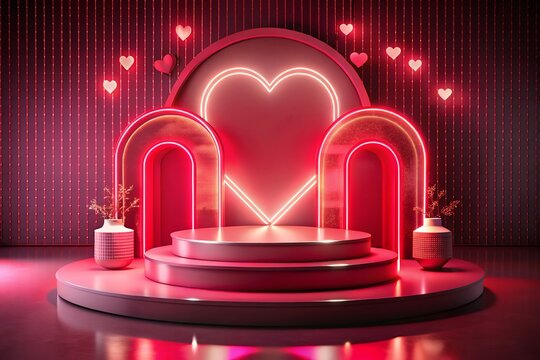 Valentine's Day with Podium and Heart of 3D for pink love background