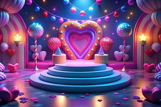 Valentine's Day with Podium and Heart of 3D for pink love background
