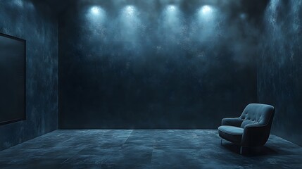 Fototapete - Dark minimalist room an empty wall mockup and sparse furniture displayed from a diagonal angle enhancing the visual interest and depth while maintaining a serene environment in this 3D render