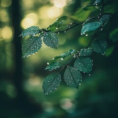 Wall Mural - Raindrops glisten on green leaves in a forest setting