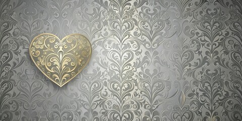 Aufkleber - A shimmering gold heart adorned with intricate floral patterns rests gracefully on a background of delicate, silver, ornate scrolls.