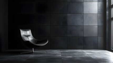 Fototapete - Dark minimalist room an empty wall mockup and sparse furniture displayed from a diagonal angle enhancing the visual interest and depth while maintaining a serene environment in this 3D render