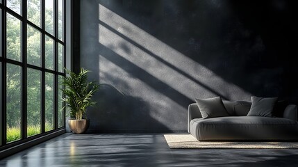 Fototapete - Dark room interior sparse furniture and an empty wall mockup seen from a high angle showcasing the layout and creating a dramatic effect with contrasting shadows in this 3D render