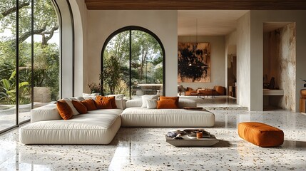 Aufkleber - Cozy and Inviting Modern Living Room with Panoramic Nature Views