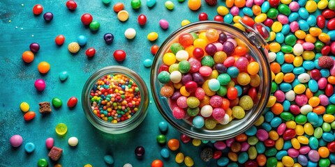 Aufkleber - A Colorful Assortment of Candies, Including Sprinkles, Gummy Candies, and Other Delicious Treats, Scattered Across a Blue Background