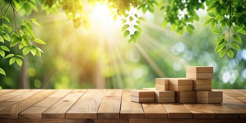 Aufkleber - A Stack of Wooden Blocks on a Wooden Table with a Blurred Green Background and Sunlight Streaming Through the Leaves