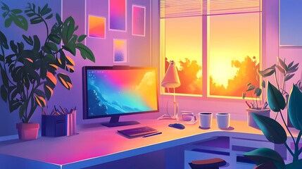 Poster - Cozy and Vibrant Home Office Workspace with Scenic Sunset View