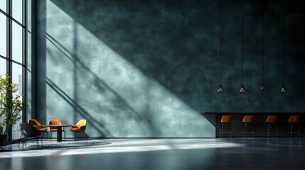 Poster - Dark room interior sparse furniture and an empty wall mockup seen from a high angle showcasing the layout and creating a dramatic effect with contrasting shadows in this 3D render