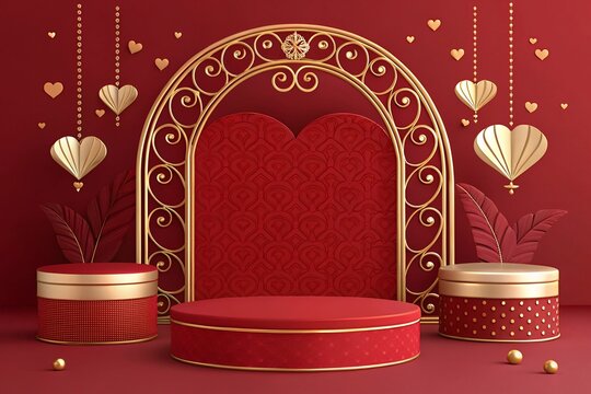Valentine's Day with Podium and Heart of 3D for pink love background