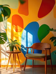 Wall Mural - The room is a vibrant space with colorful wall art, featuring a modern and cozy chair for lounging. A well-lit sunny day enhances the bright atmosphere.