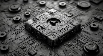 Aufkleber - Cybersecurity lock icon with a digital circuit background in black and white, high contrast, featuring glowing lines, a futuristic and technological concept, symbolizing data protection and network