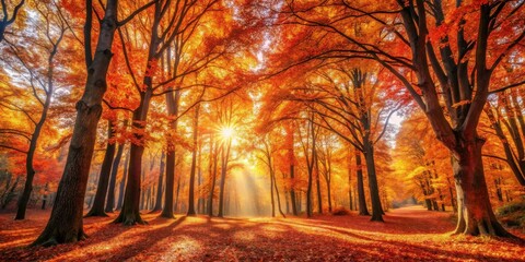 Poster - Golden Autumn Sunlight Dappling Through a Canopy of Vibrant Red and Orange Leaves in a Majestic Forest