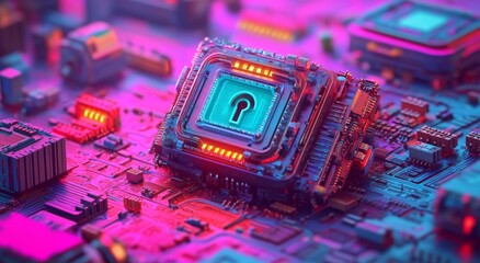 Aufkleber - Cybersecurity shield icon, digital lock, circuit board background, with glowing orange and blue, illustrating data protection concepts, futuristic security, network defense visualization, and
