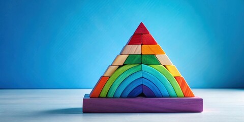 Poster - A colorful wooden rainbow pyramid toy on a white surface in front of a bright blue background