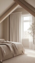 Wall Mural - Serene Minimalist Bedroom with Wooden Beams and Natural Light