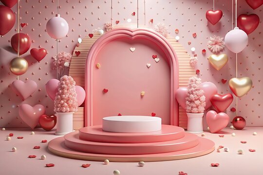 Valentine's Day with Podium and Heart of 3D for pink love background