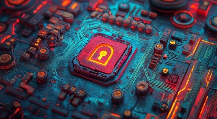Poster - A high-angle perspective captures a digital lock shield placed over a data network icon, representing security. Vibrant bioluminescent hues emit a natural light effect as seen from an elevated