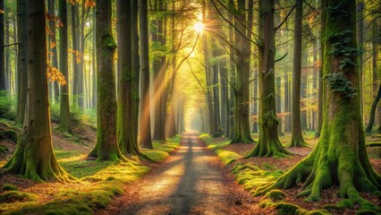 Aufkleber - Sunbeams illuminate a path through an ancient forest, dappled light casting ethereal shadows upon the mossy ground.