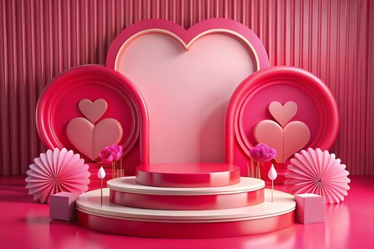 Valentine's Day with Podium and Heart of 3D for pink love background