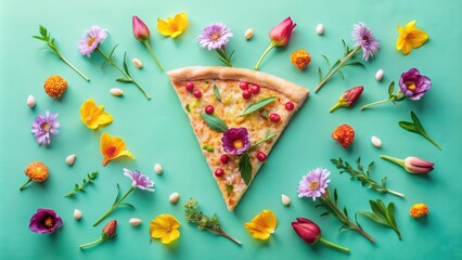 Poster - A slice of pizza adorned with vibrant blooms, a delightful fusion of culinary and floral artistry, creating a whimsical and unexpected visual feast.