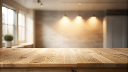 Aufkleber - A close-up of a rustic wooden tabletop against a blurred background of a kitchen space with a window and warm lighting