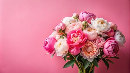 Poster - A vibrant bouquet of pink and white peonies with green leaves against a soft pink background