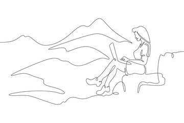 Wall Mural - Continuous one line drawing woman with laptop sits in nature. Mountain landscape. Woman working on vacation. Tourism.Travel. One continuous line isolated minimal illustration.Not AI.