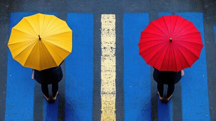 Overhead shot of two individuals holding vibrant yellow and red umbrellas, standing on a blue and yellow striped crosswalk.