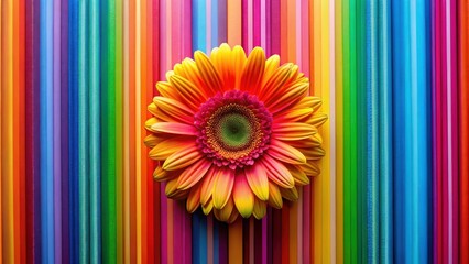 Aufkleber - A vibrant orange and yellow flower with pink center blooms amidst a colorful array of vertical stripes