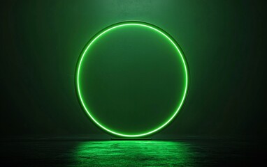 Poster - Glowing green neon circle on dark background.