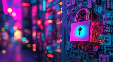 Cybersecurity concept with a glowing padlock icon, set against a digital network backdrop of neon colors and circuit board patterns, illustrating data protection visualization in futuristic