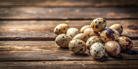 Poster - A cluster of speckled, delicate quail eggs rest on a weathered wooden surface, casting subtle shadows in the warm, natural light.