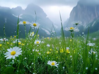 Wall Mural - Bright wildflowers bloom in a misty mountain landscape