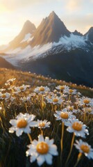 Canvas Print - Flowers bloom under golden sunlight with mountains in view