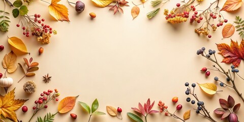 Poster - A Decorative Autumnal Border of Fallen Leaves, Berries, and Twigs on a Warm Beige Background