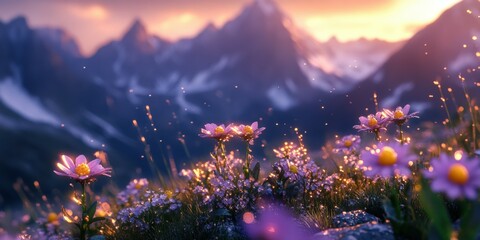 Wall Mural - Mountain landscape adorned with blooming flowers at sunset