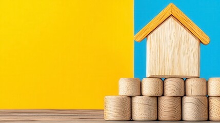 Wall Mural - Wooden House Model On Wine Corks Against Yellow And Blue Background