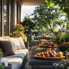 Poster - Diagonal perspective of terrace with elegant garden furniture a stylish table adorned with tableware and colorful fruits complemented by personal accessories and a bright window view Template