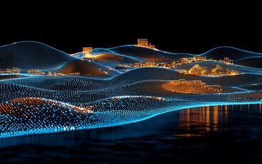Poster - Illuminated futuristic city landscape on undulating digital terrain.