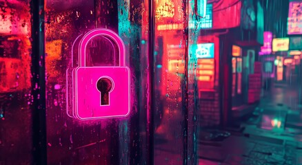 Poster - A cyberpunk city street bathed in neon lights with a purple hue on a rainy night, featuring reflective puddles and a holographic padlock icon, evoking a digital security concept in a futuristic urban