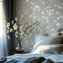 Poster - Diagonal shot of harmonized bedroom interior featuring beautiful wallpaper a stylish modern bed and a vase of fresh flowers creating an inviting ambiance with elegant accessories Template