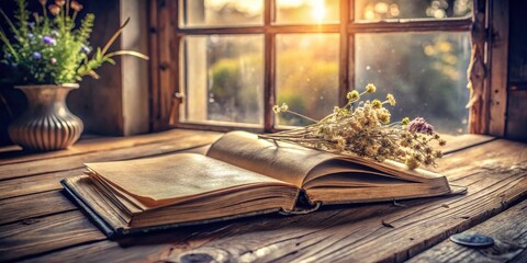 Aufkleber - A vintage book with dried flowers resting on a wooden windowsill, bathed in warm sunlight, inviting a moment of quiet reflection.