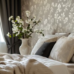 Poster - Diagonal shot of harmonized bedroom interior featuring beautiful wallpaper a stylish modern bed and a vase of fresh flowers creating an inviting ambiance with elegant accessories Template